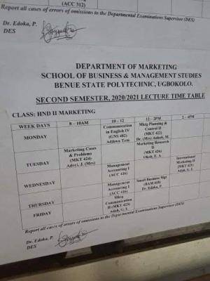 BENPOLY lectures Timetable for second semester, 2020/2021