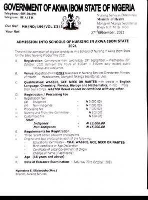 Akwa Ibom state school of nursing admission, 2021/2022