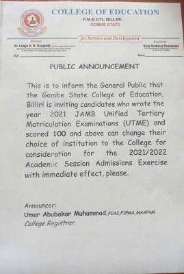 Gombe State College of Education, Billiri notice to prospective students