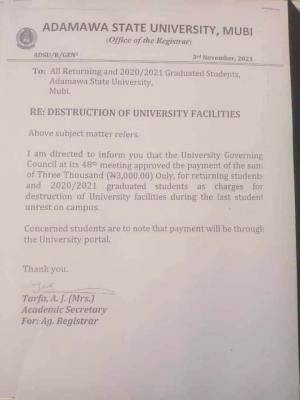 ADSU notice to returning students on payment of damages