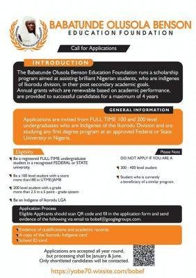 Babatunde Olusola Benson Education Foundation Scholarship, 2021/2022
