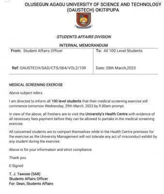 OAUSTECH notice to 100L students on medical screening exercise