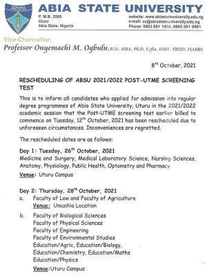 ABSU reschedules post-UTME screening exercise for 2021/2022 session