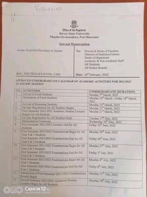 RSUST academic calendar for 2021/2022 session - Myschool RSUST academic calendar for 2021/2022 session - Myschool