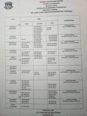 Federal Polytechni,c Ekowe 1st Semester examination timetable