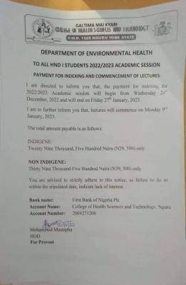 College of Health Nguru Notice to HND 1 Students on payment of indexing fee