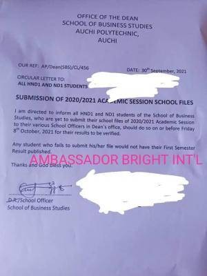 Auchi Poly notice to ND I & HND I on submission of school files