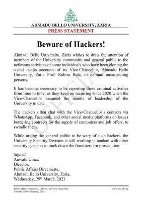 ABU Zaria notice of warning