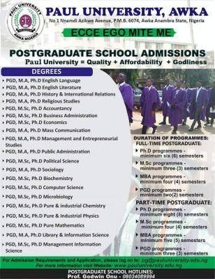Paul University Postgraduate Admission, 2021/2022