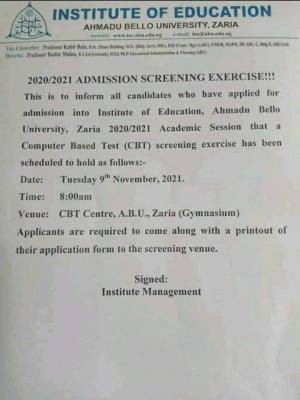 ABU Institute of Education admission screening exercise, 2020/2021