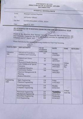 UNIUYO new schedule for final year screening exercise - Myschool