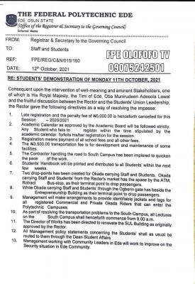 Fed Poly Ede notice to all students