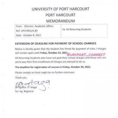 UNIPORT extends deadline for payment of school fees for returning Students
