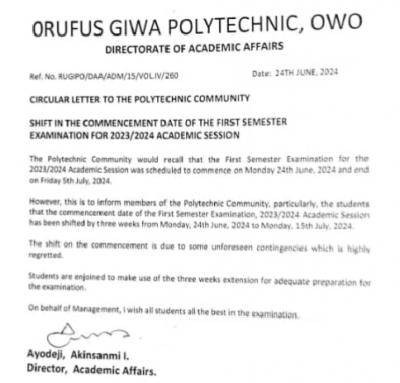 Rufus Giwa Poly shifts commencement of 1st semester exam, 2023/2024 ...