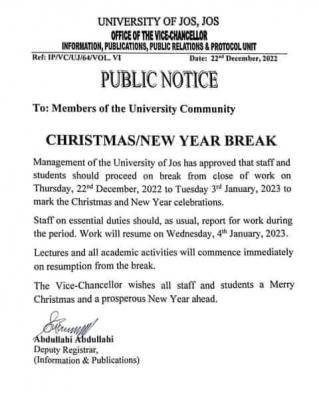 UNIJOS public notice on Christmas/New Year break