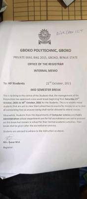 Gboko Poly notice to students on mid-semester break