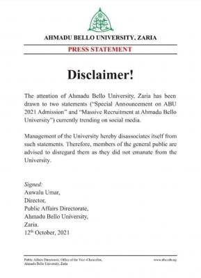 ABU disclaimer notice on 2021 admission and recruitment