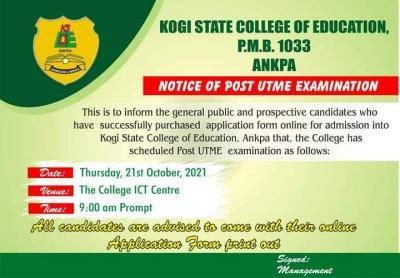 Kogi State College of Education, Ankpa Post-UTME screening date, 2021/2022