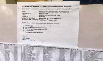 UNICAL hostel accommodation lists and notice of payment, 2021/2022