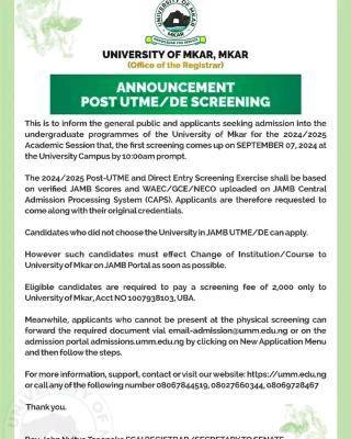 University of Mkar notice of Post-UTME screening exercise, 2024/2025 ...