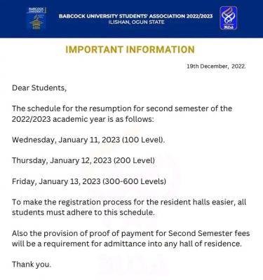 Babcock University Students Association Resumption Notice To Students ...