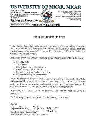 University of Mkar announces date for 1st Post-UTME Screening, 2021/2022