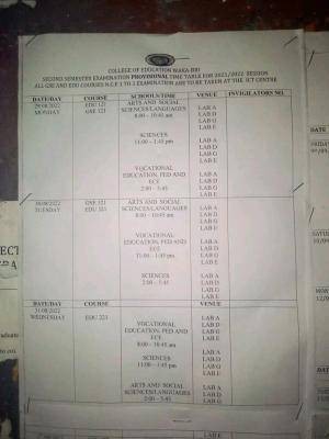 COE, Waka Biu second semester exam timetable, 2021/2022