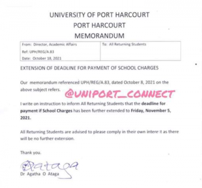 UNIPORT extends school fees payment deadline for Returning students