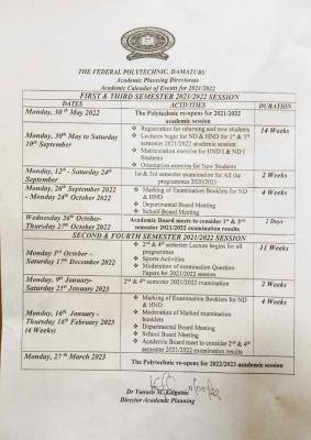 Federal Polytechnic, Damaturu academic calendar for 2021/2022 session