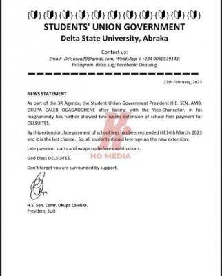 DELSU SUG notice on late payment of school fees