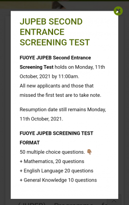 FUOYE 2nd JUPEB entrance screening test, 2021/2022