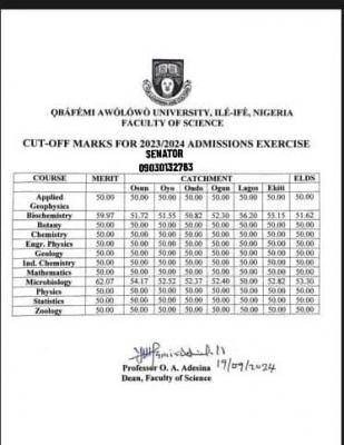 OAU departmental admission cut-off marks, 2023/2024 - Myschool