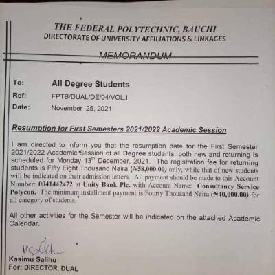 Fed Poly, Bauchi resumption date for degree Students 2021/2022