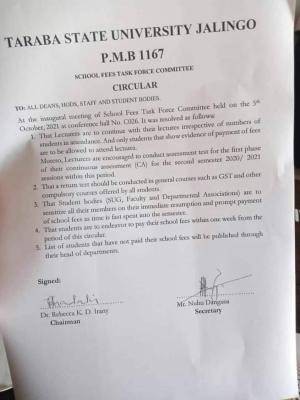 Taraba State University notice to students on payment of school fees