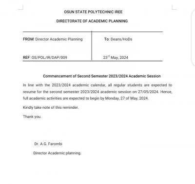 OSPOLY notice on commencement of second semester, 2023/2024 session ...