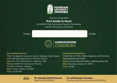 Fountain University announces 12th convocation ceremony
