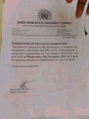 AKSU notice o the new date for GSS 211/111 examination