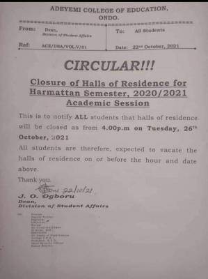 ACEONDO notice to students on closure of hostels