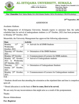 Al-istiqamah University notice on adjustment of academic events