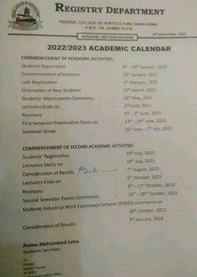 Federal College Of Horticulture, Dadin Kowa Approved Academic Calendar ...