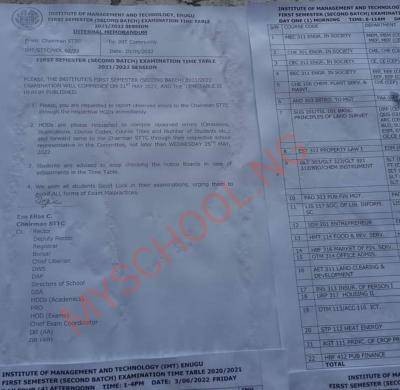 IMT Enugu ND1/HND1 exam time table (2nd Batch) 1st semester 2021/2022 session