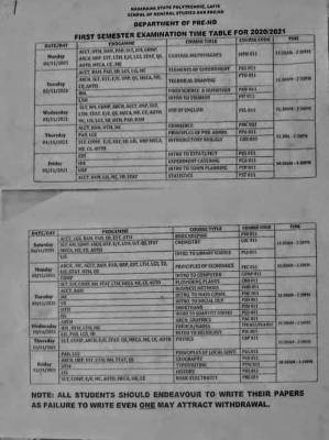 NASPOLY Pre-ND first semester examination timetable, 2020/2021