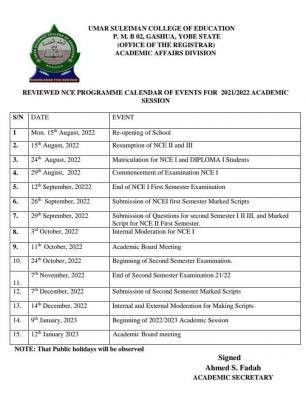 Umar Suleiman College of Education reviewed NCE academic calendar, 2021/2022