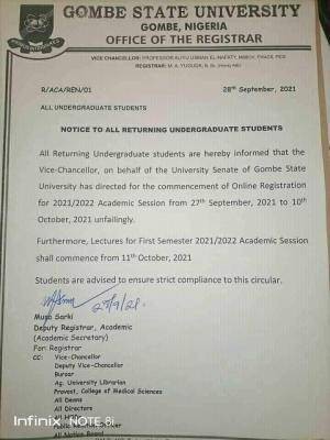 GOMSU notice to all returning undergraduate students on registration, 2021/2022