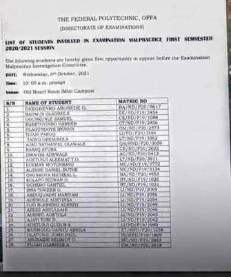 Offa Poly releases list of students involved in examination malpractice