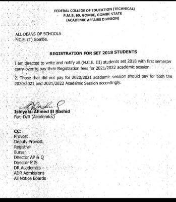 FCE Gombe notice to NCE III students