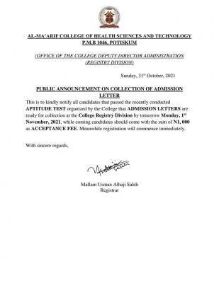 Al-Ma'arif College Of Health Science and Technology notice on collection of Admission Letter