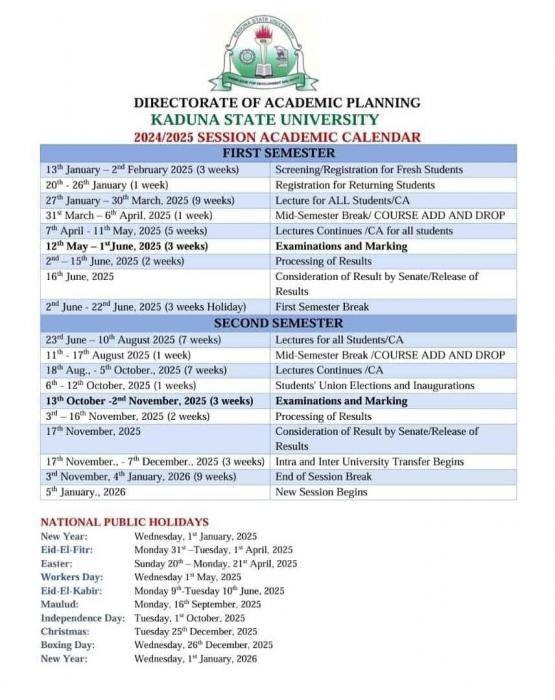 KASU academic calendar, 2024/2025 Myschool