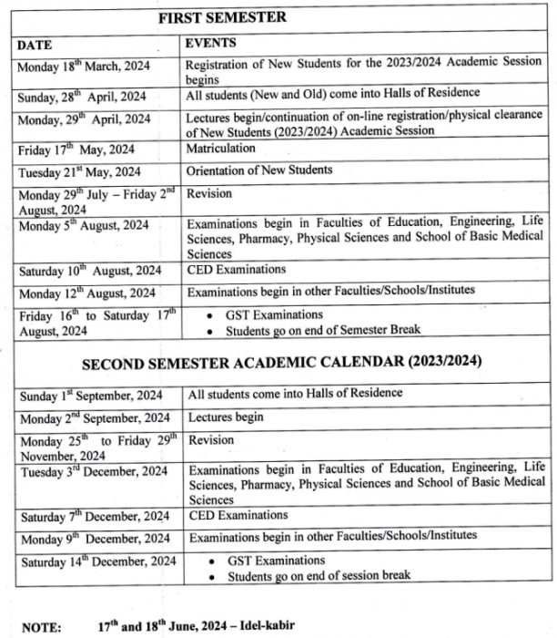 UNIBEN releases academic calendar, 2023/2024 Myschool