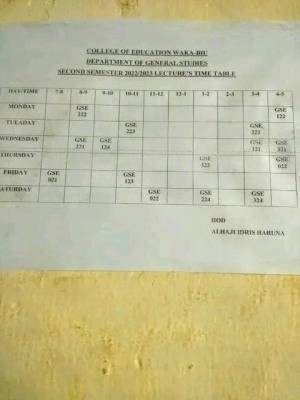 College Of Education, Waka-biu GST 2nd semester lecture timetable, 2022/2023